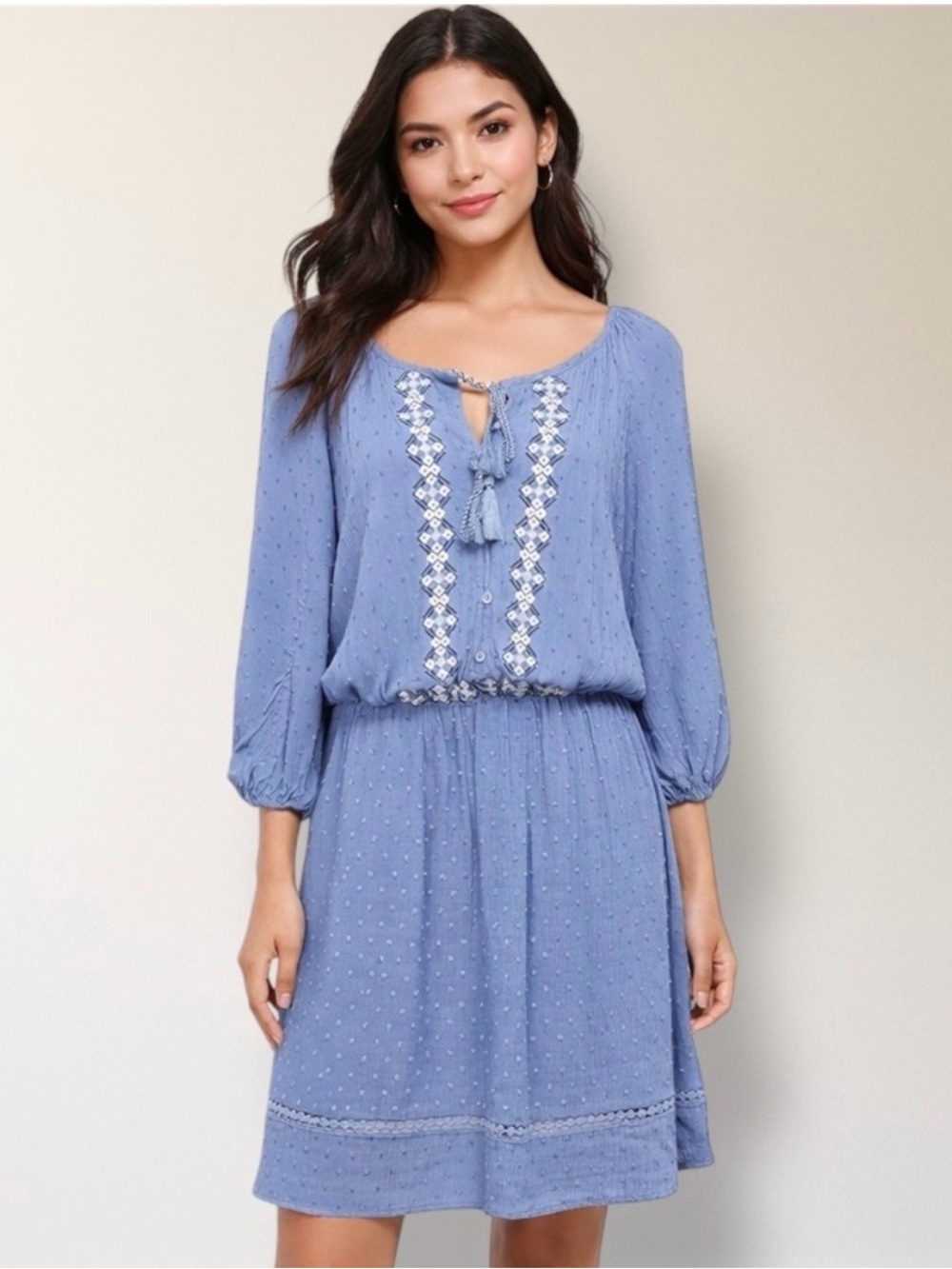 Lucky Brand Blue Embroidered Mini Dress with Tassel Ties and Buttons Women’s L